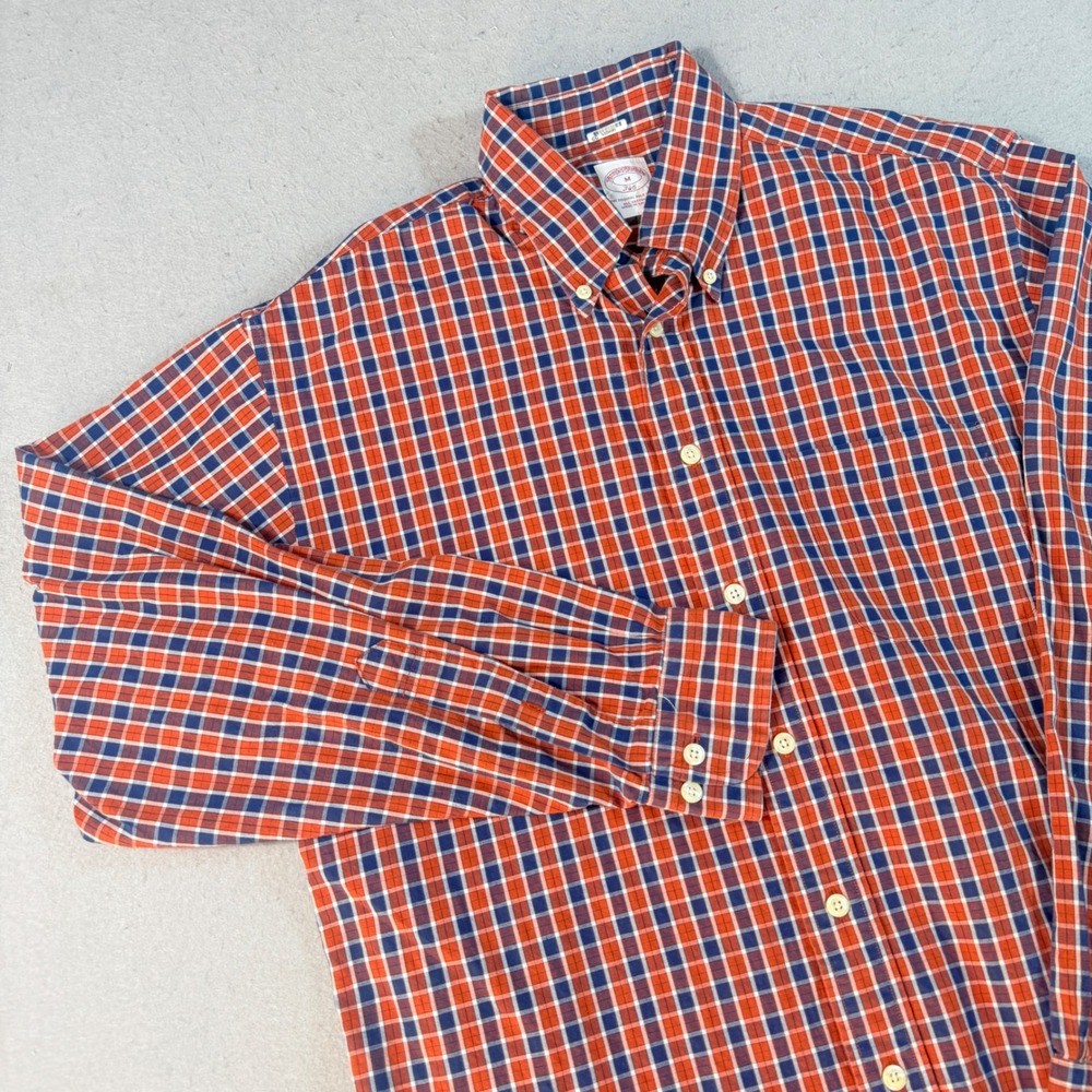 Brooks Brothers 346 Mens Medium Orange Navy‎ Blue Plaid Cotton Button Down Shirt